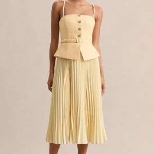 Lizzy | Limón Escote Cuadrado Vestido Midi con Falda Plisada