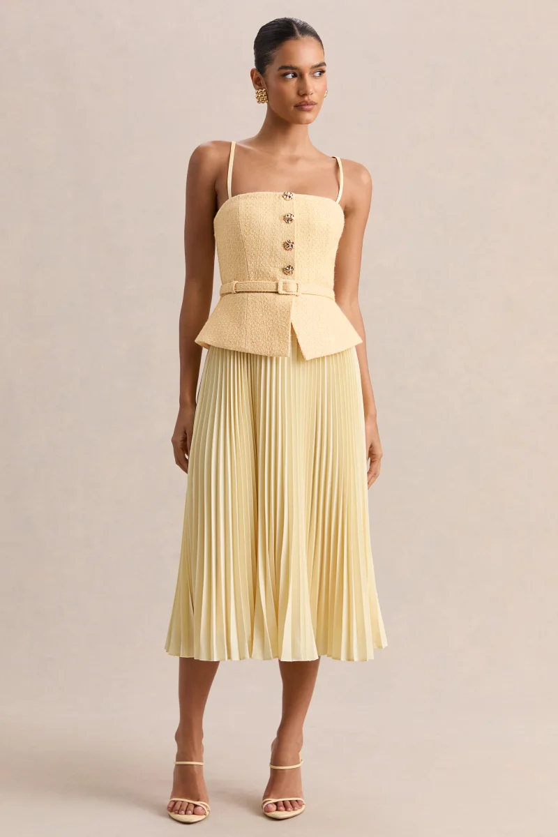 Lizzy | Limón Escote Cuadrado Vestido Midi con Falda Plisada