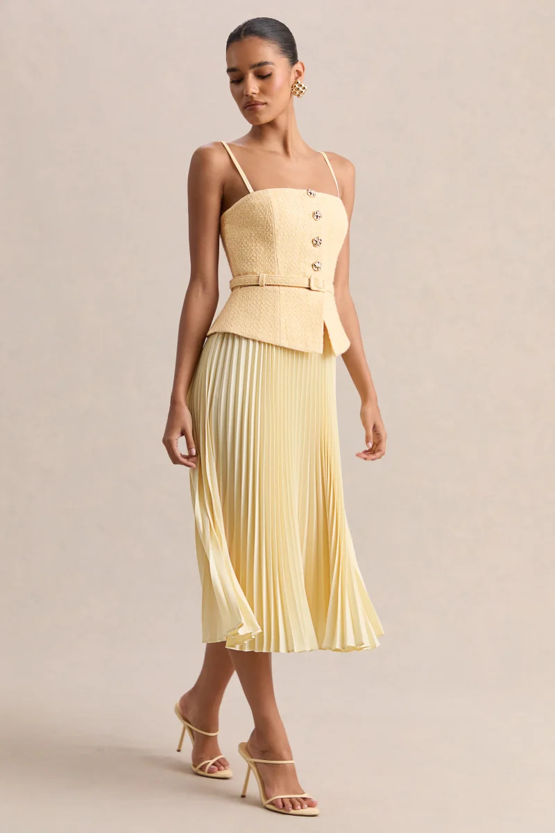 Lizzy | Limón Escote Cuadrado Vestido Midi con Falda Plisada - Imagen 4