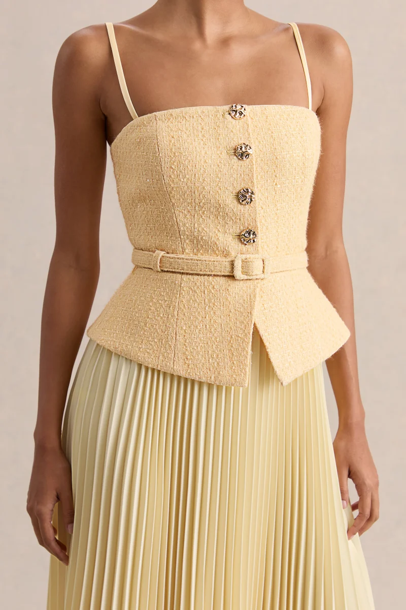 Lizzy | Limón Escote Cuadrado Vestido Midi con Falda Plisada - Imagen 5