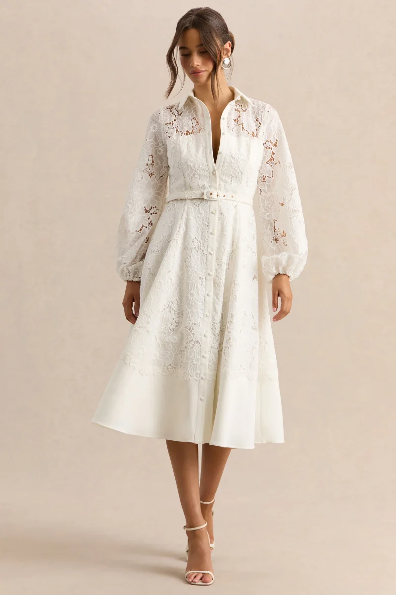 Jules | Vestido Midi Crema Broderie Anglaise de Cuello Alto Entallado con Mangas Abullonadas