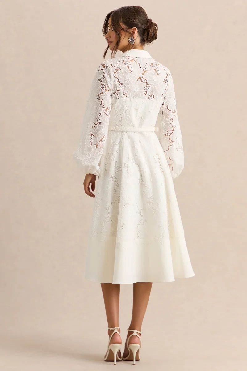 Jules | Vestido Midi Crema Broderie Anglaise de Cuello Alto Entallado con Mangas Abullonadas - Imagen 3