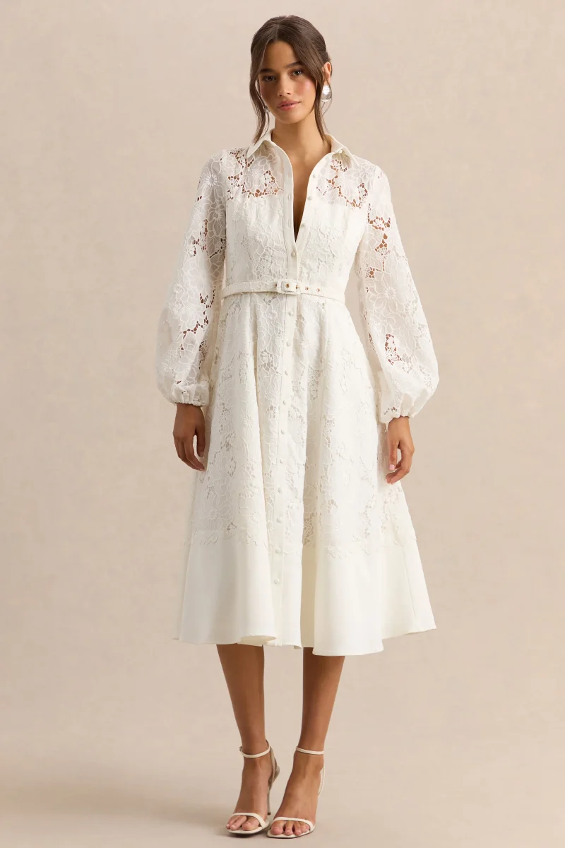 Jules | Vestido Midi Crema Broderie Anglaise de Cuello Alto Entallado con Mangas Abullonadas - Imagen 5