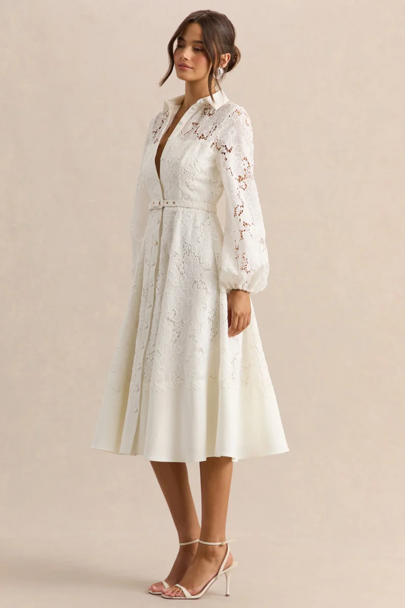 Jules | Vestido Midi Crema Broderie Anglaise de Cuello Alto Entallado con Mangas Abullonadas - Imagen 6
