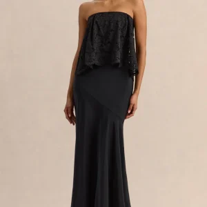 Clemency | Negro Encaje y Satén Bandeau Vestido Largo