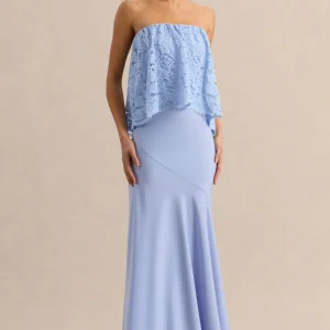 Clemency | Azul Celeste Encaje y Satén Bandeau Vestido Largo