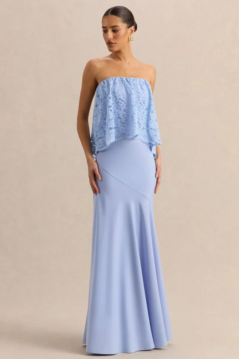 Clemency | Azul Celeste Encaje y Satén Bandeau Vestido Largo