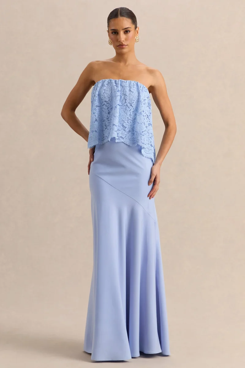 Clemency | Azul Celeste Encaje y Satén Bandeau Vestido Largo - Imagen 5