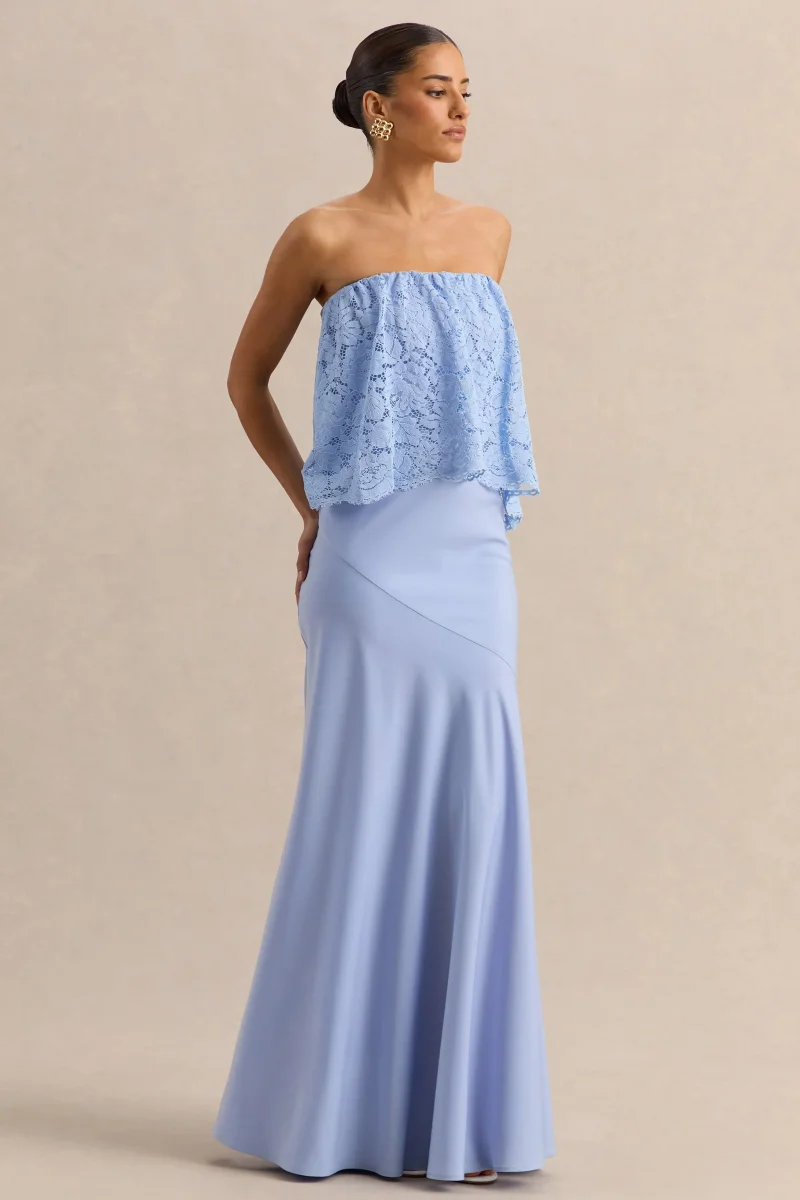 Clemency | Azul Celeste Encaje y Satén Bandeau Vestido Largo - Imagen 6
