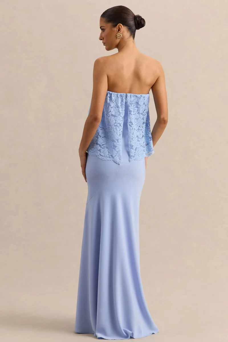 Clemency | Azul Celeste Encaje y Satén Bandeau Vestido Largo - Imagen 3