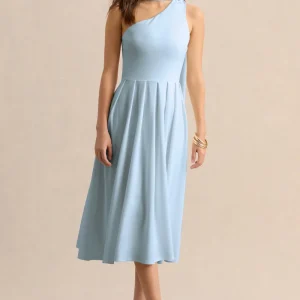Odette | Vestido Midi Azul Polvo Con Escote Asimétrico Y Bufanda