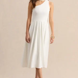 Odette | Vestido Midi Blanco De Scuba Con Escote Asimétrico Y Detalle De Bufanda