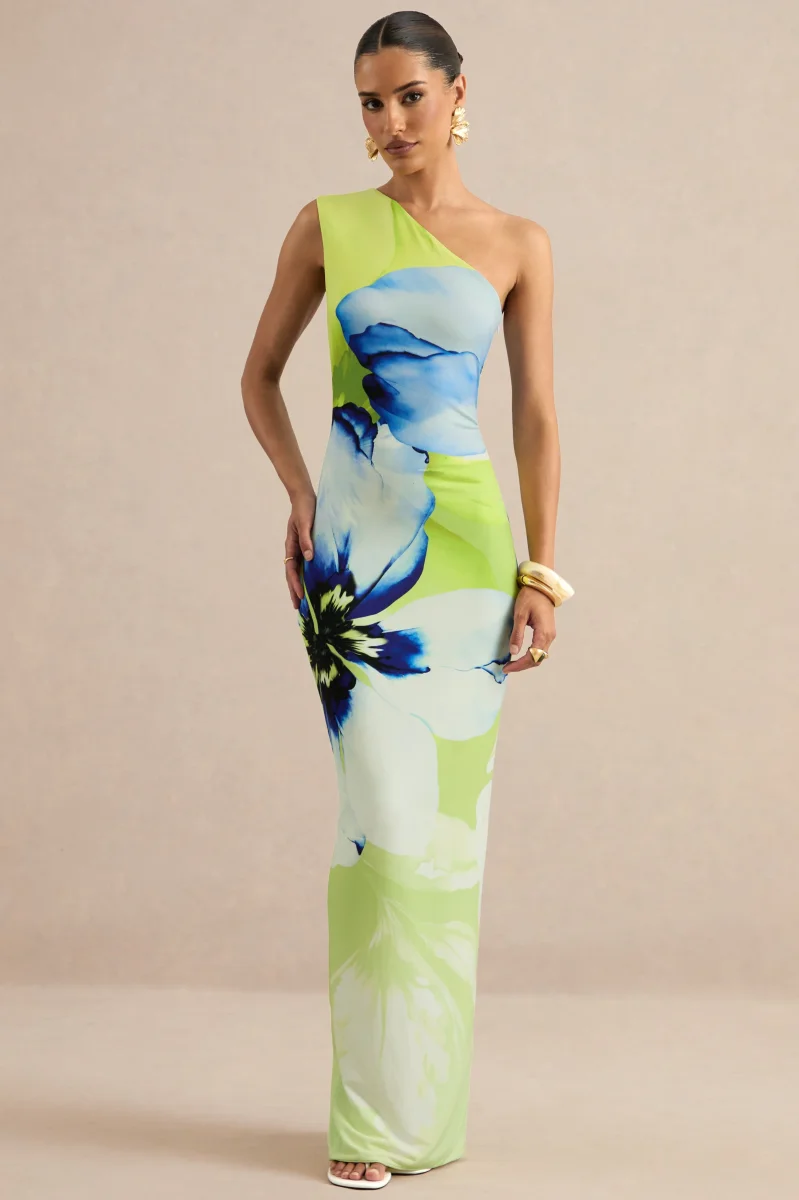 Niya | Vestido Largo De Estampado Floral Lima Y Azul Con Escote Asimétrico