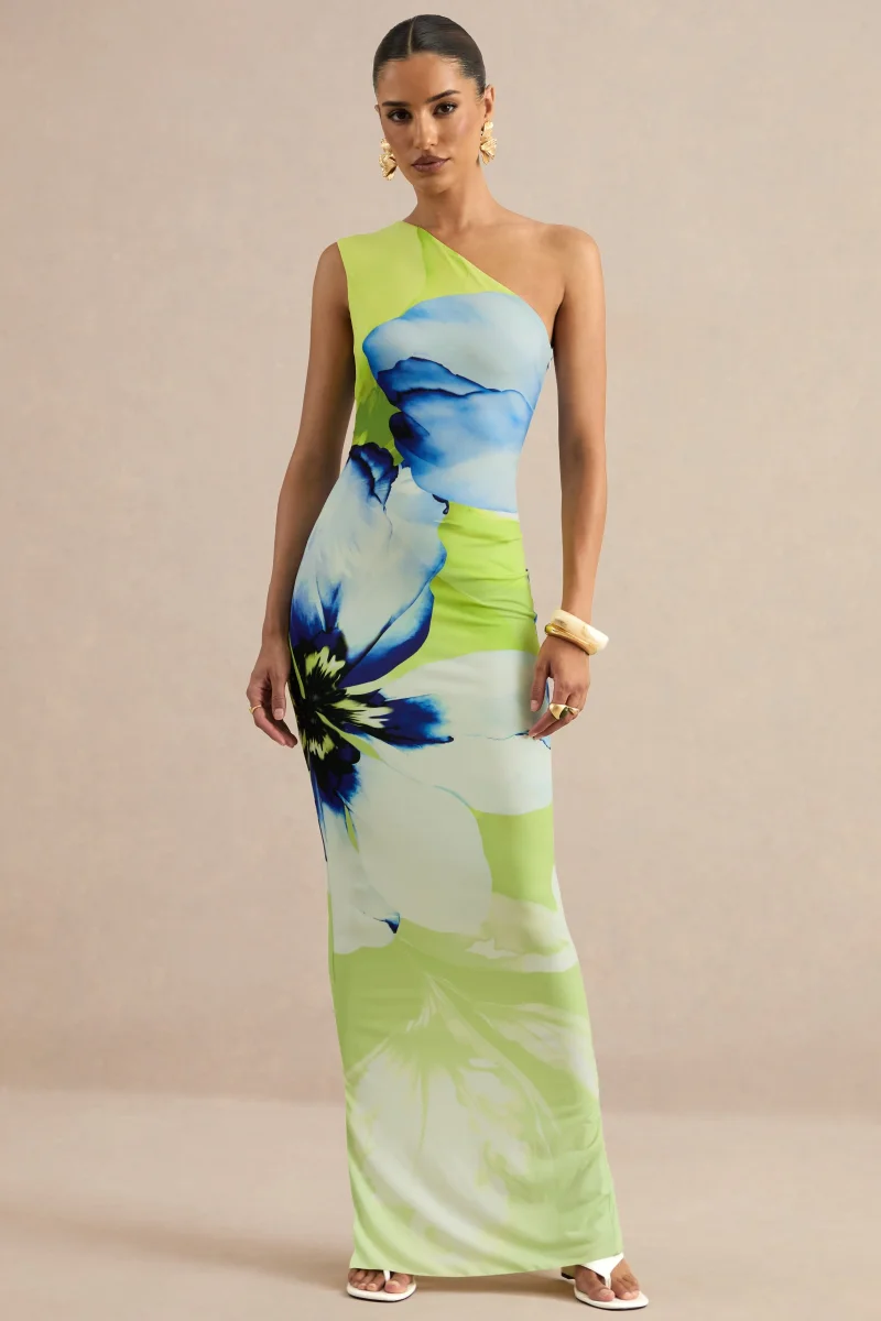 Niya | Vestido Largo De Estampado Floral Lima Y Azul Con Escote Asimétrico - Imagen 6