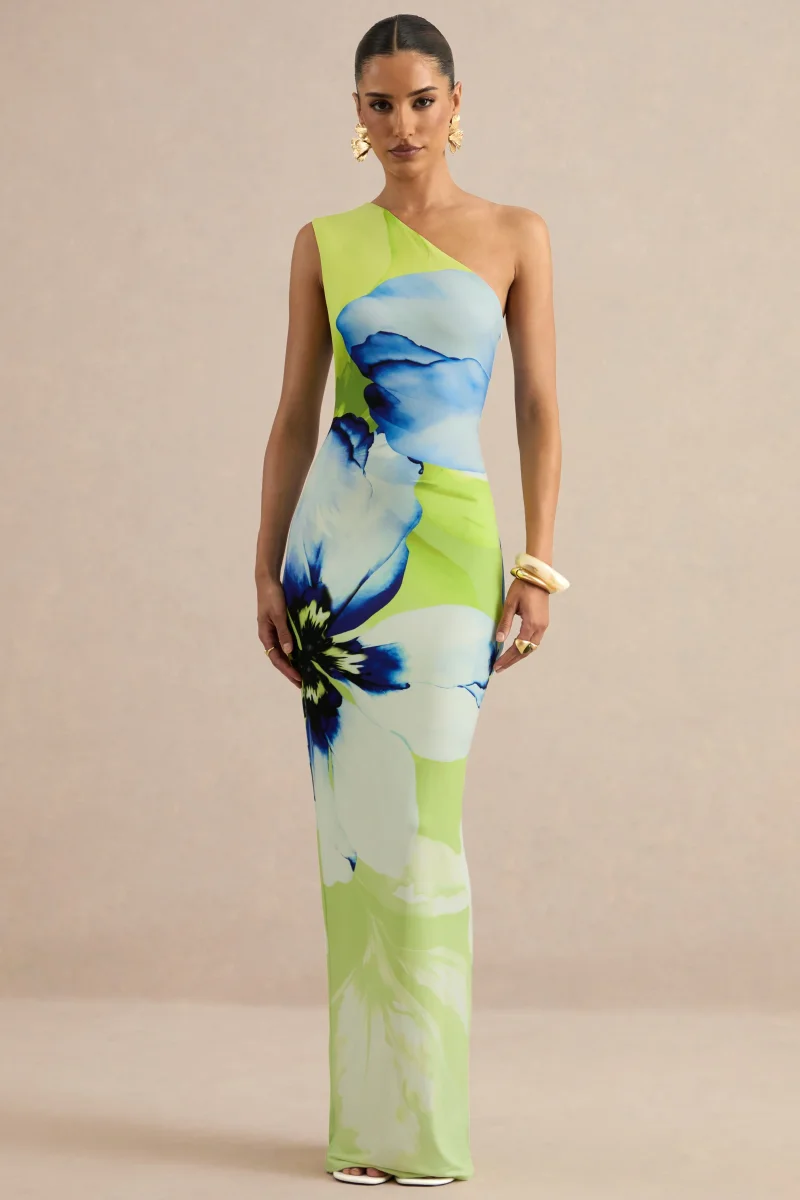 Niya | Vestido Largo De Estampado Floral Lima Y Azul Con Escote Asimétrico - Imagen 7