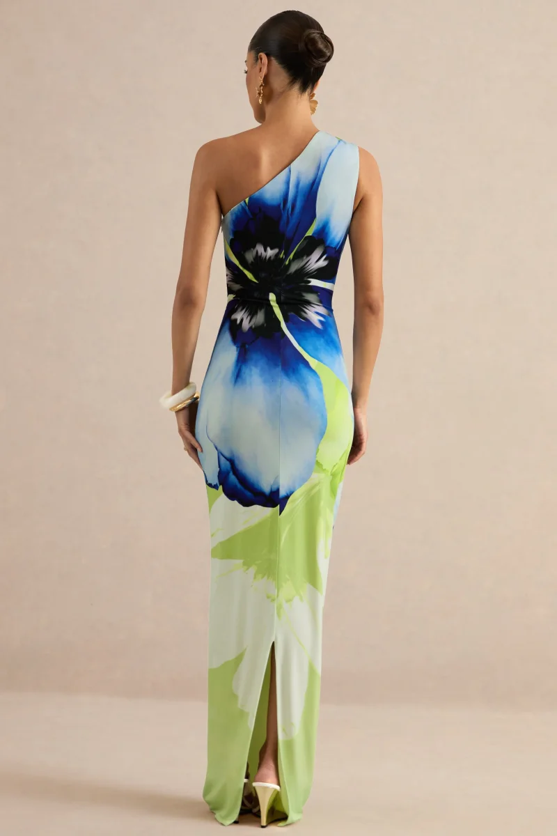 Niya | Vestido Largo De Estampado Floral Lima Y Azul Con Escote Asimétrico - Imagen 3