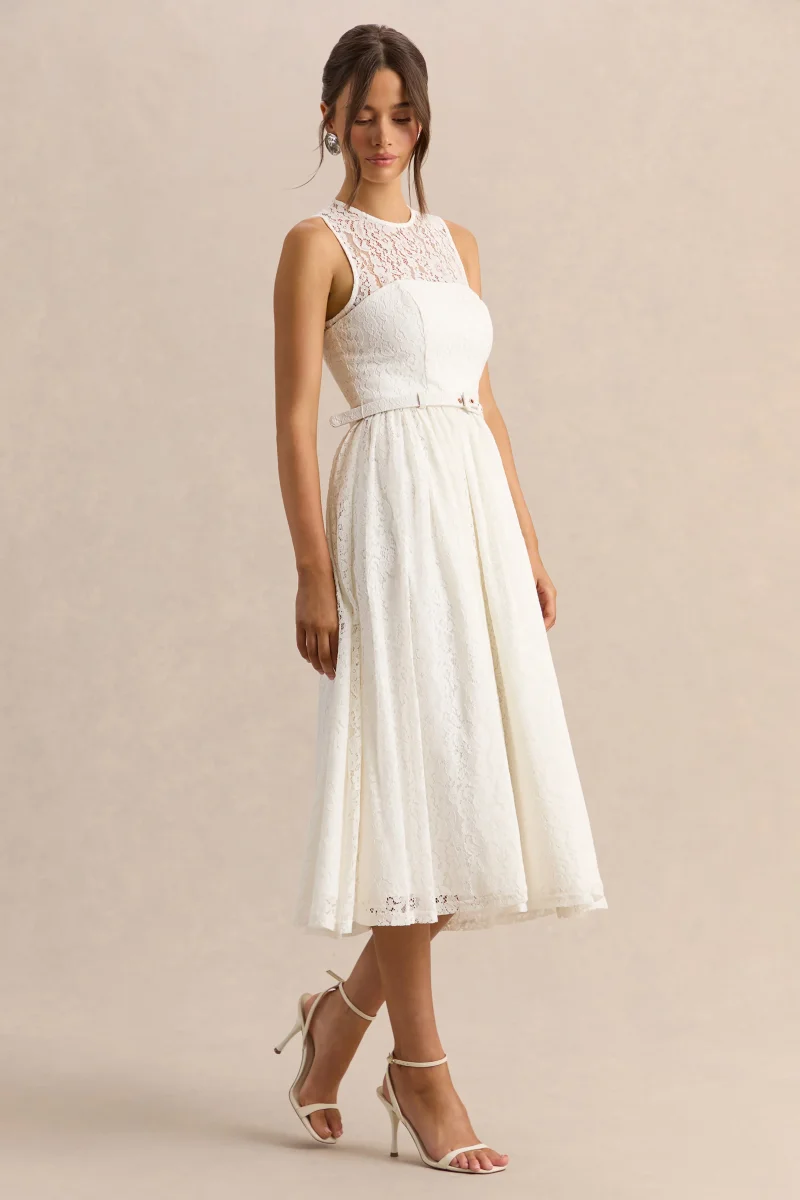 Anabella | Vestido Midi Blanco de Encaje con Cuello Alto y Cinturón - Imagen 6