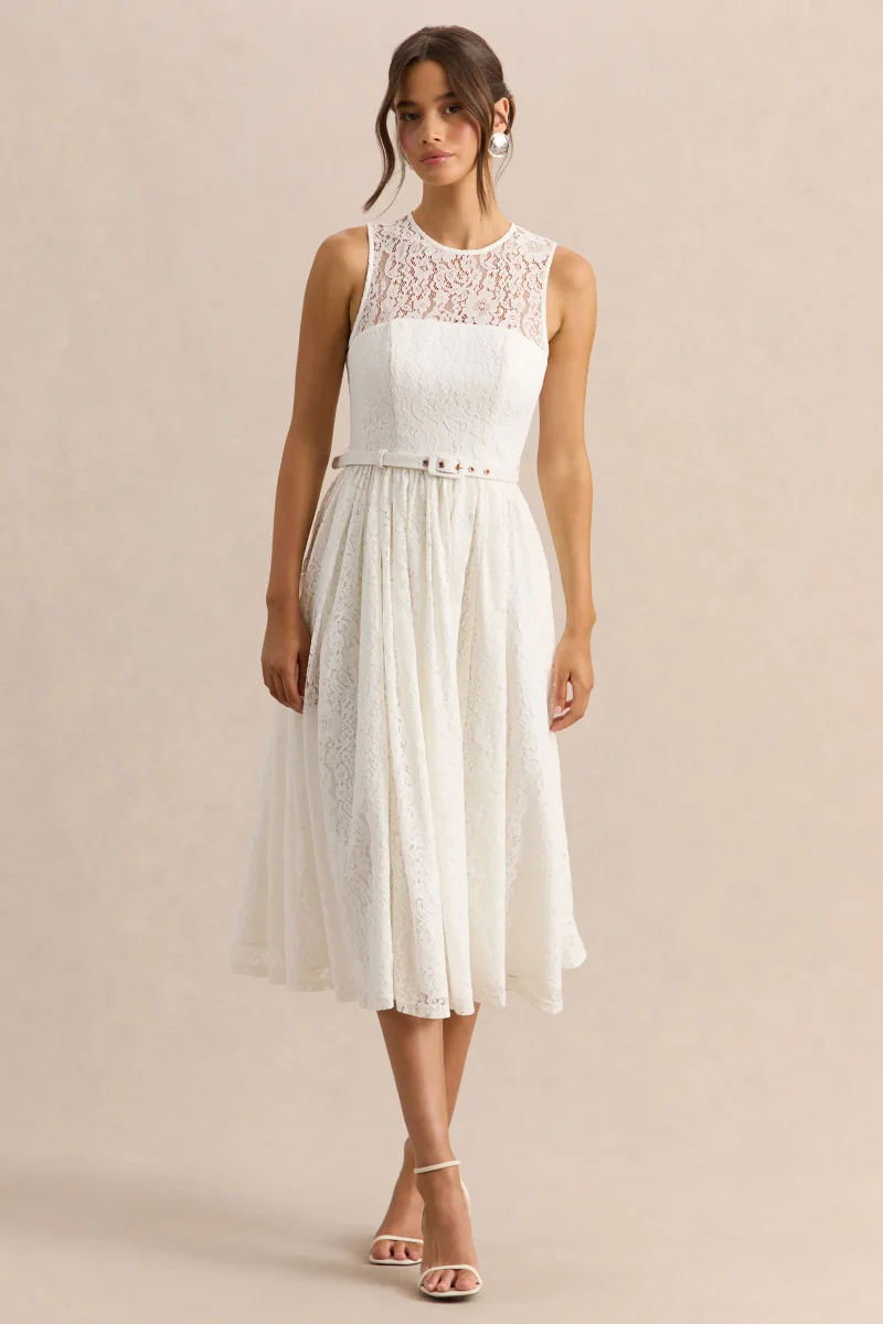 Anabella | Vestido Midi Blanco de Encaje con Cuello Alto y Cinturón