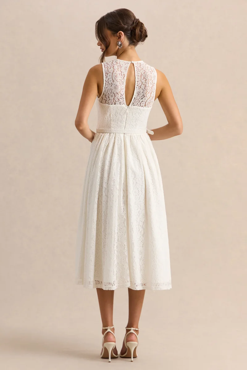Anabella | Vestido Midi Blanco de Encaje con Cuello Alto y Cinturón - Imagen 3