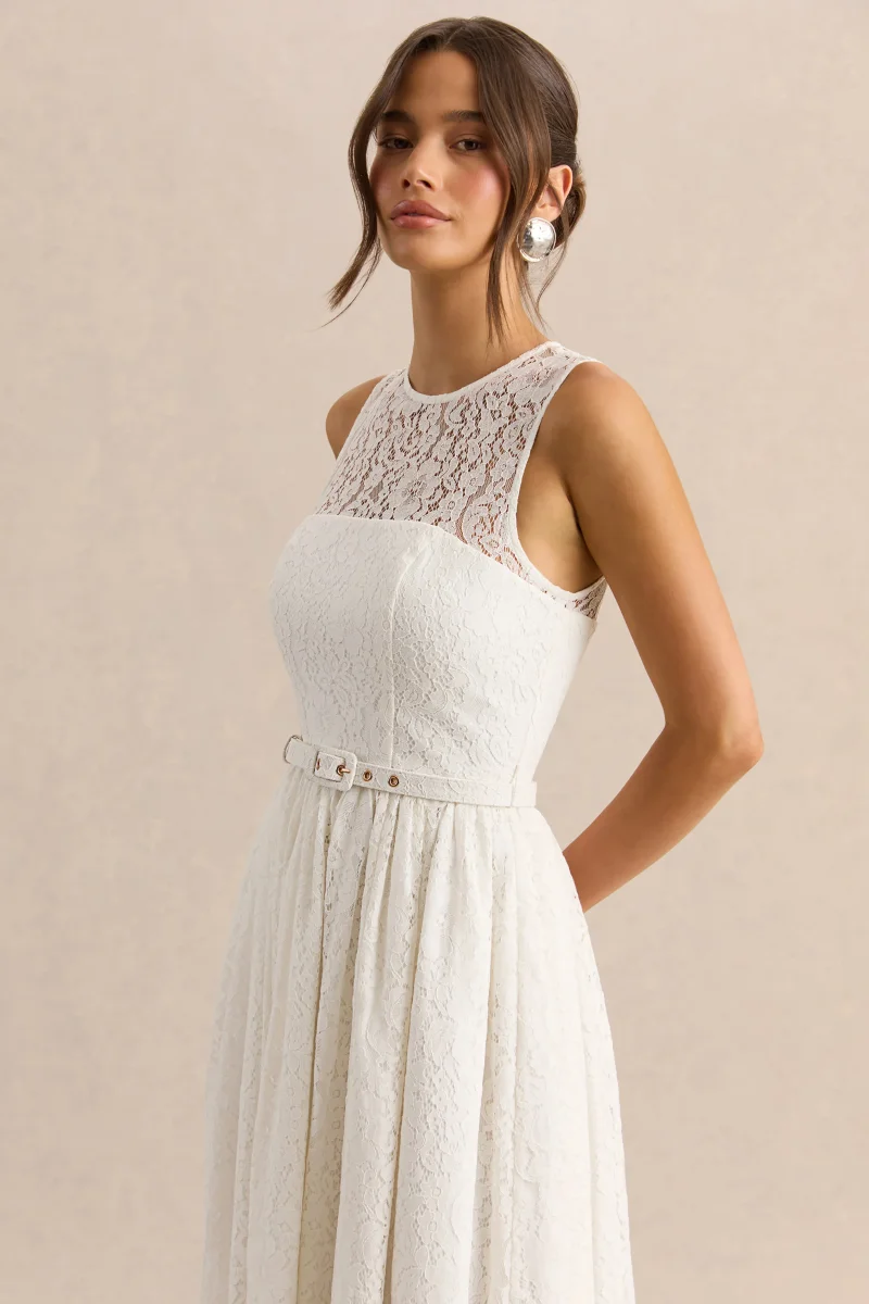 Anabella | Vestido Midi Blanco de Encaje con Cuello Alto y Cinturón - Imagen 4