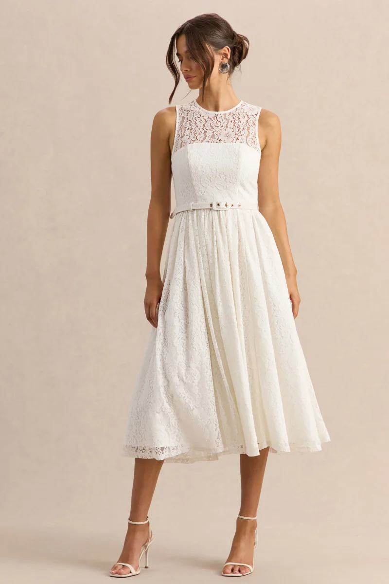 Anabella | Vestido Midi Blanco de Encaje con Cuello Alto y Cinturón - Imagen 5