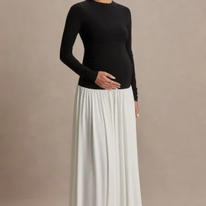 Monroe | Vestido Largo Negro y Blanco con Escote Cerrado y Cintura Caída