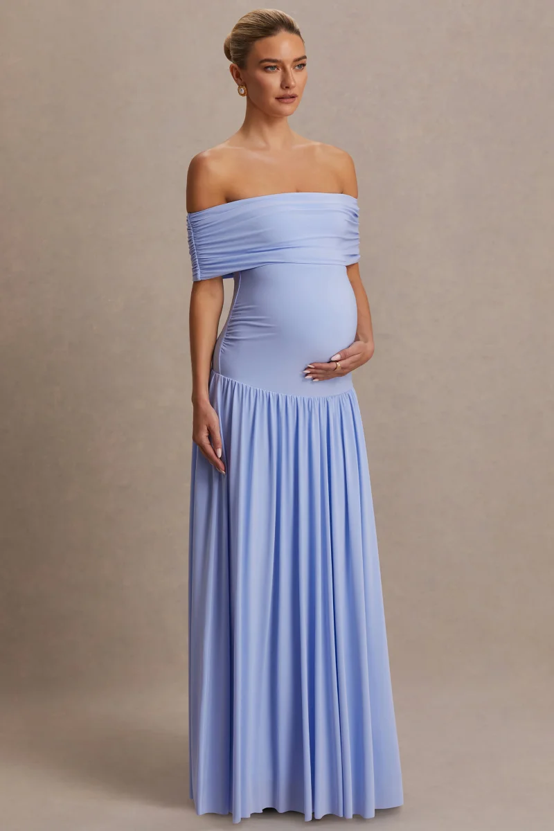 Juliette | Vestido largo azul polvo con escote Bardot y cintura caída - Imagen 6