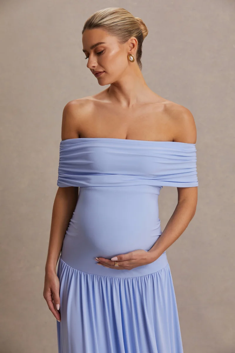 Juliette | Vestido largo azul polvo con escote Bardot y cintura caída - Imagen 7