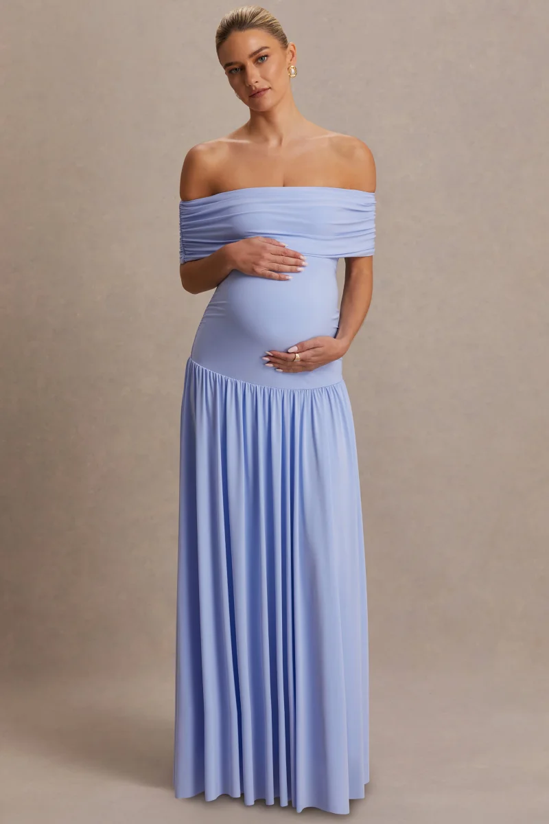 Juliette | Vestido largo azul polvo con escote Bardot y cintura caída - Imagen 5