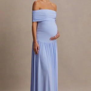 Juliette | Vestido largo azul polvo con escote Bardot y cintura caída