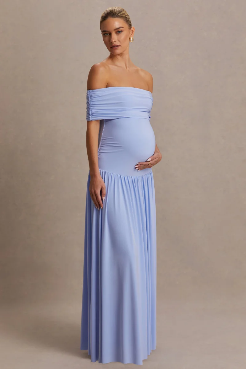 Juliette | Vestido largo azul polvo con escote Bardot y cintura caída - Imagen 2