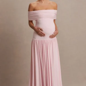 Juliette | Vestido largo rosado con escote Bardot y cintura caída