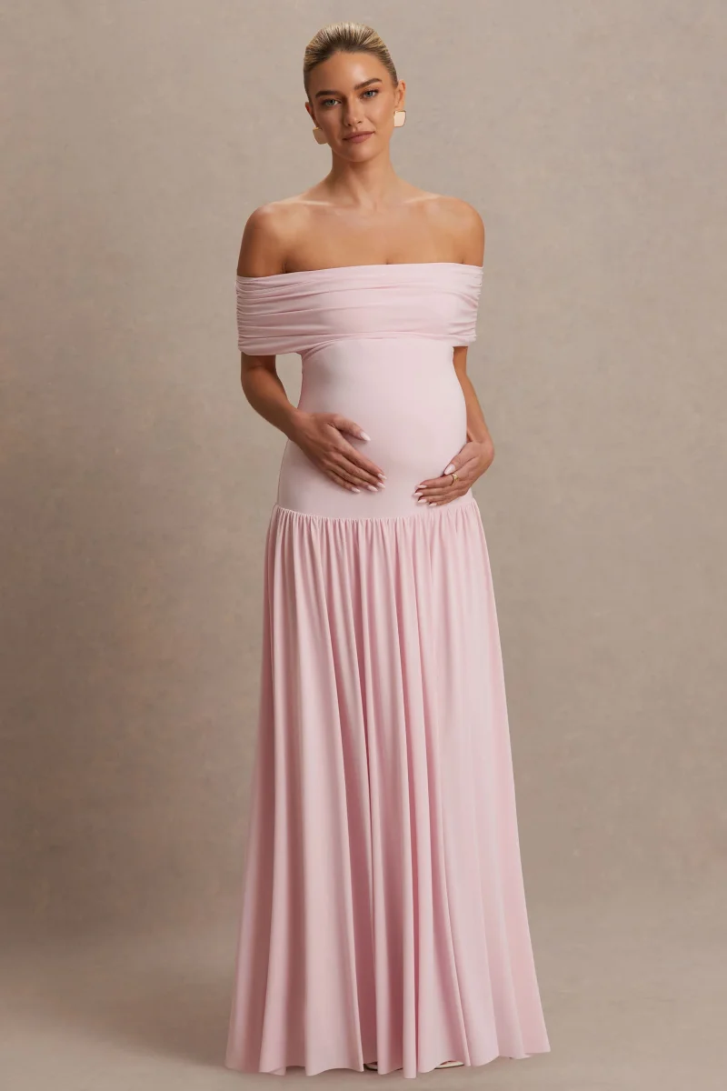 Juliette | Vestido largo rosado con escote Bardot y cintura caída