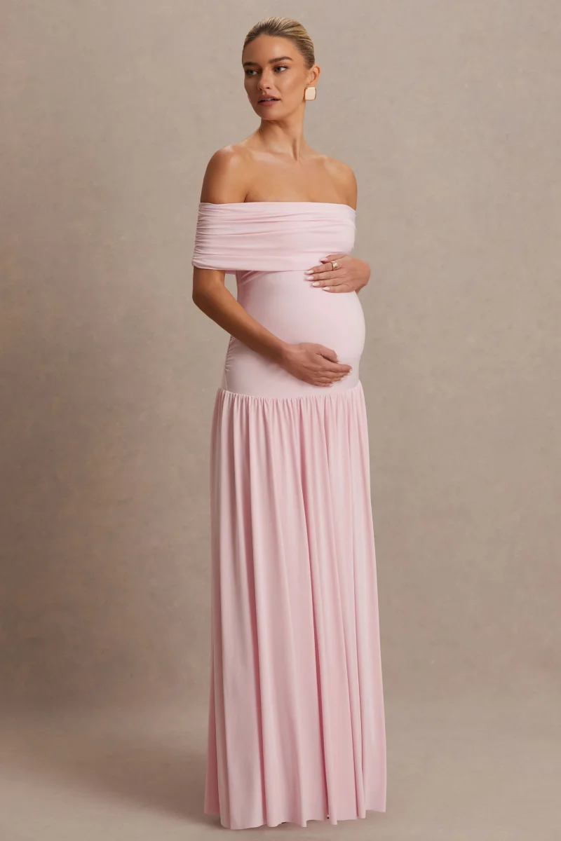 Juliette | Vestido largo rosado con escote Bardot y cintura caída - Imagen 5