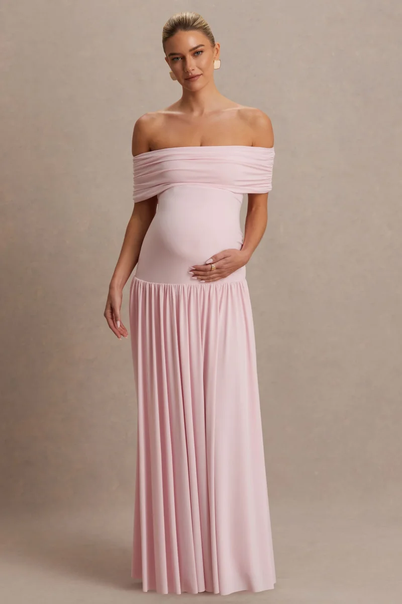Juliette | Vestido largo rosado con escote Bardot y cintura caída - Imagen 6