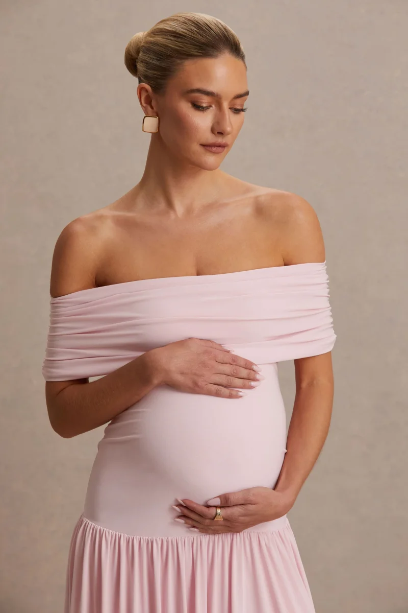 Juliette | Vestido largo rosado con escote Bardot y cintura caída - Imagen 7