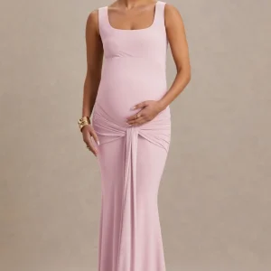 Baylin | Vestido Largo Premamá Rosa Pastel Con Escote Cuadrado, Detalle Fruncido Y Faja