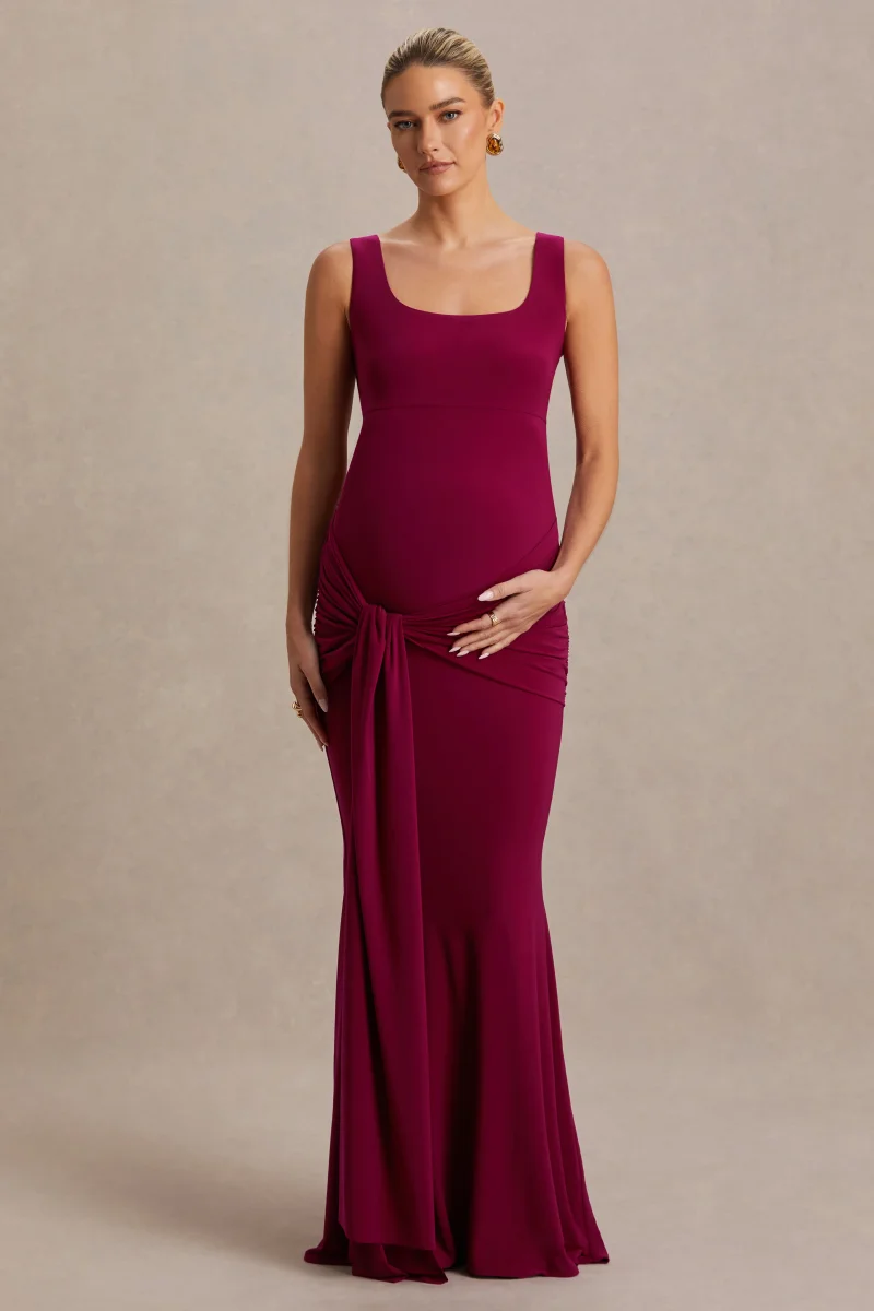 Baylin | Vestido Largo Burdeos con Escote Cuadrado, Fruncido y Fajín - Imagen 8