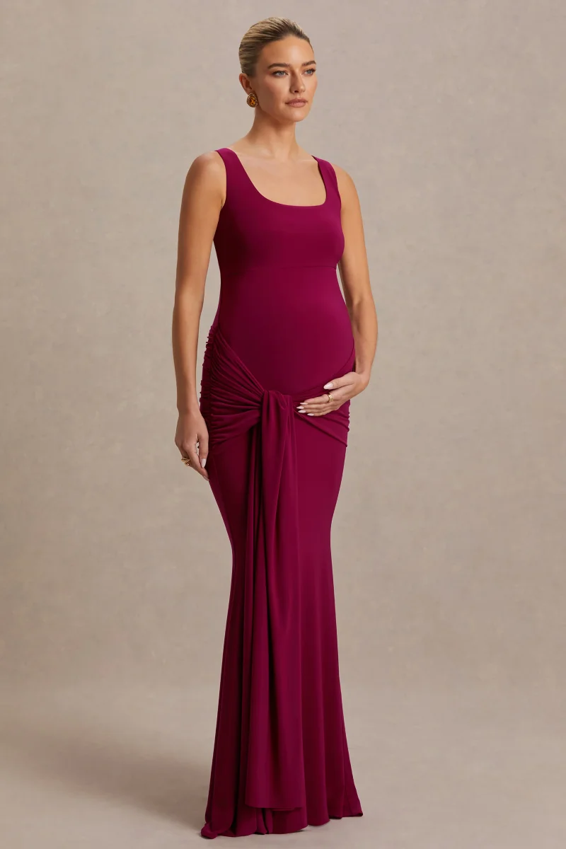 Baylin | Vestido Largo Burdeos con Escote Cuadrado, Fruncido y Fajín - Imagen 7