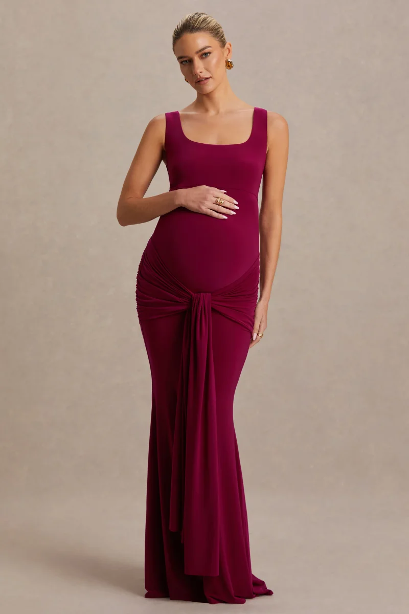 Baylin | Vestido Largo Burdeos con Escote Cuadrado, Fruncido y Fajín - Imagen 6