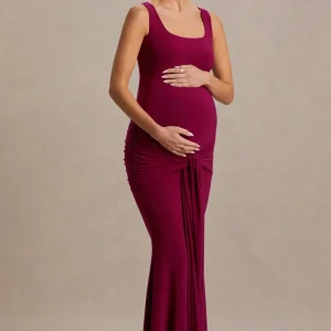 Baylin | Vestido Largo Burdeos con Escote Cuadrado, Fruncido y Fajín