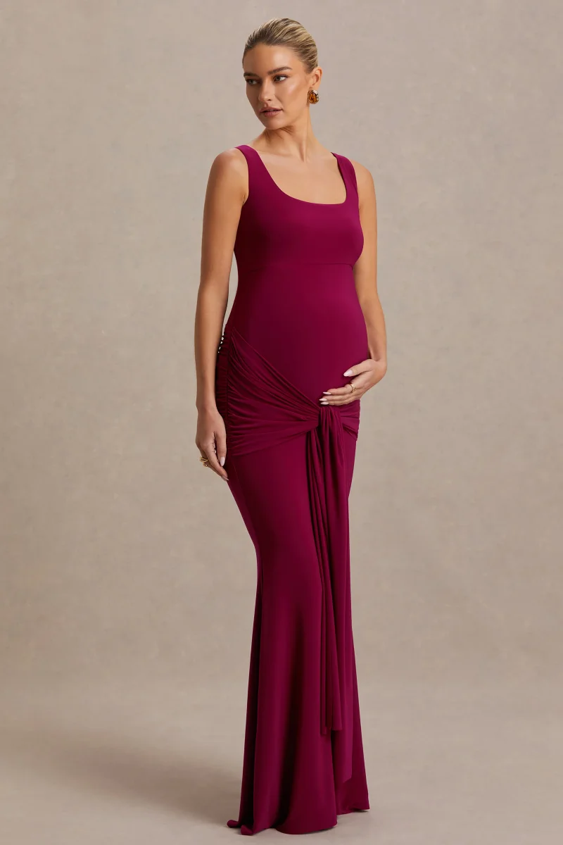 Baylin | Vestido Largo Burdeos con Escote Cuadrado, Fruncido y Fajín - Imagen 5