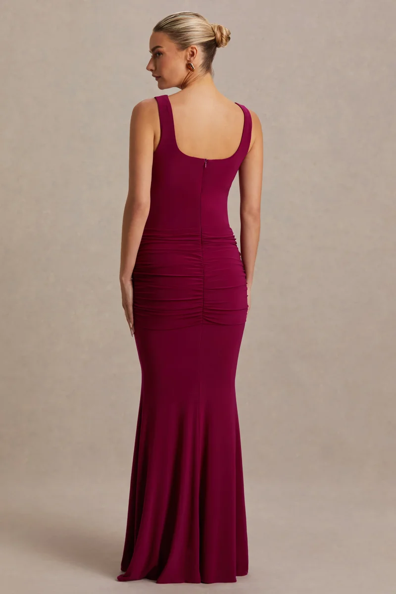 Baylin | Vestido Largo Burdeos con Escote Cuadrado, Fruncido y Fajín - Imagen 3