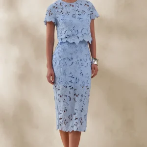 Aisling | Falda Midi Azul Empolvado De Encaje Con Cintura Alta