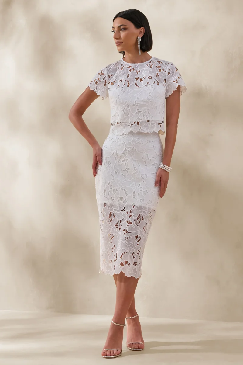 Aisling | Falda Midi Blanca De Encaje De Cintura Alta - Imagen 3
