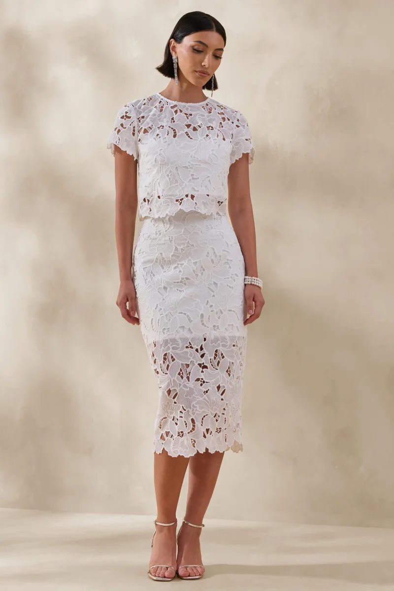 Aisling | Falda Midi Blanca De Encaje De Cintura Alta - Imagen 7