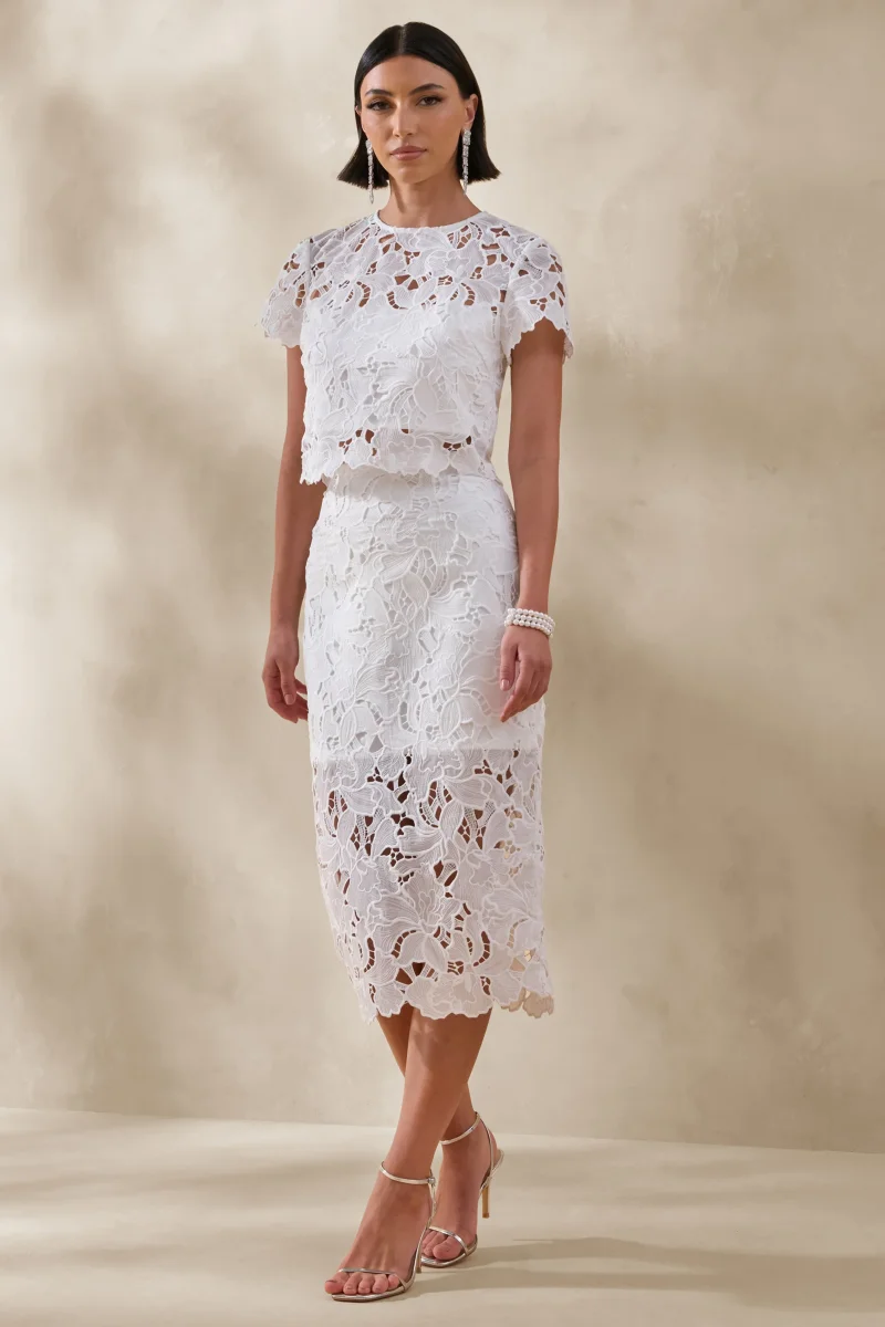 Aisling | Falda Midi Blanca De Encaje De Cintura Alta - Imagen 6