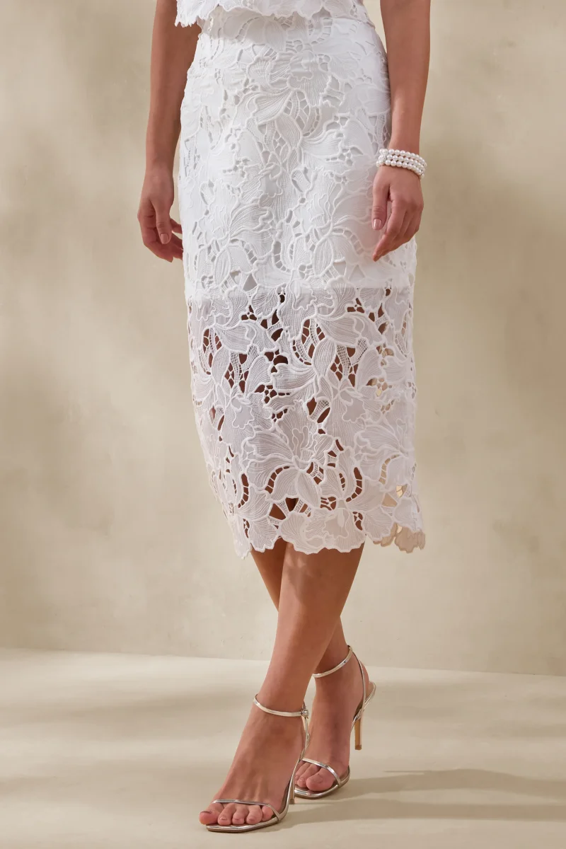 Aisling | Falda Midi Blanca De Encaje De Cintura Alta