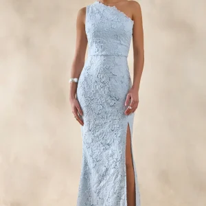 Lunia | Vestido Largo Azul celeste de Broderie Anglaise con Escote Asimétrico