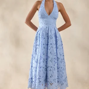 Maribel | Vestido Midi Azul celeste de Encaje con Escote Pronunciado